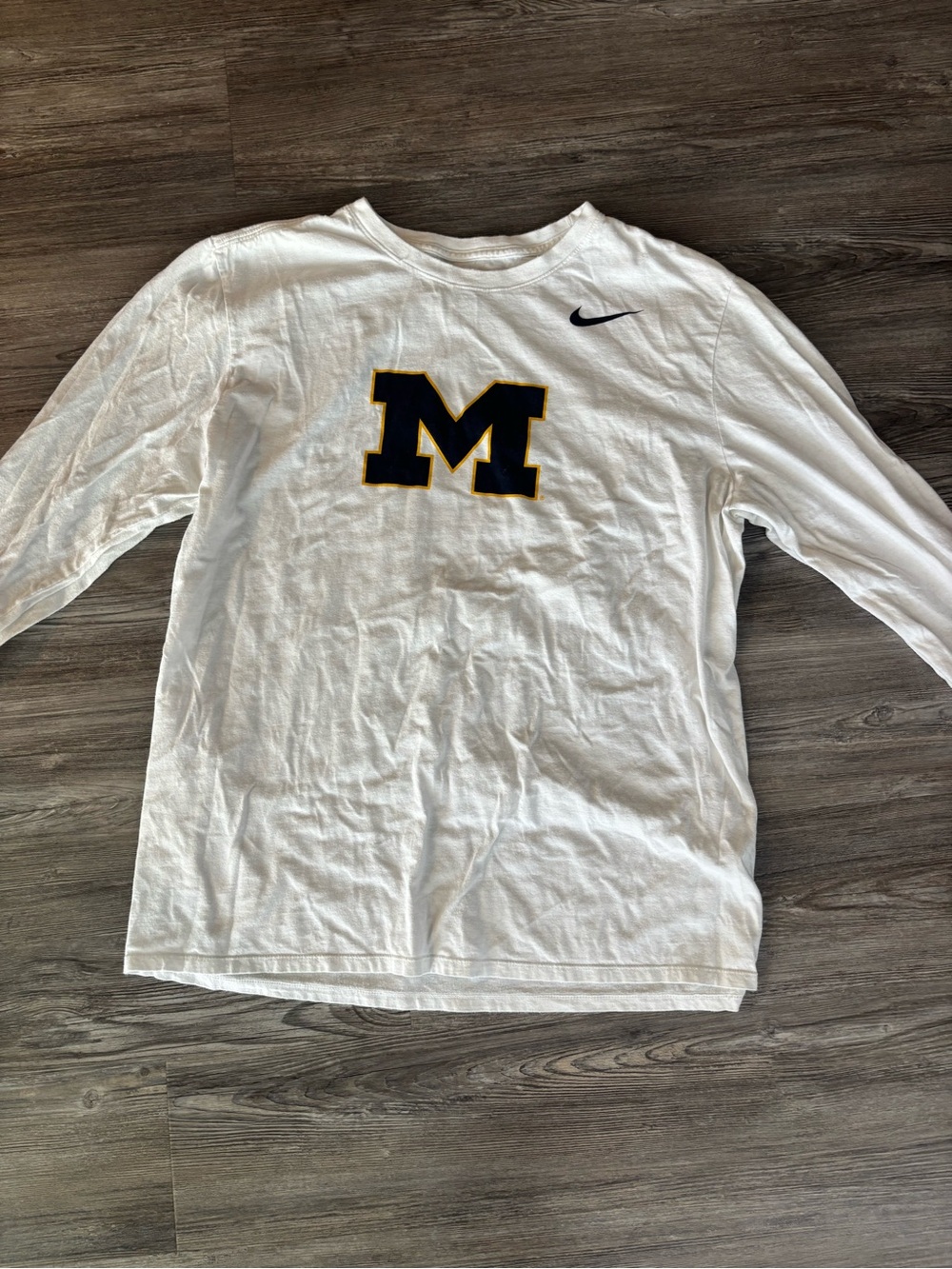 Nike White Long-Sleeve Tee with Navy and Gold 'M' Logo